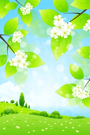 Green Landscape with Tree Branch, Lake, Trees and Flowersのイラスト素材