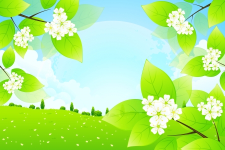 Green Background with Grass Trees Clouds and Moon in the Skyのイラスト素材