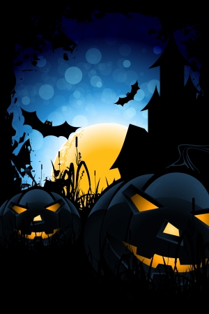Grungy Halloween Background with Pumpkins, Bats, House and Full Moonのイラスト素材