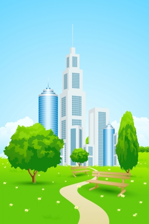 City Park with Trees, Flowers, Benches and Footpathのイラスト素材