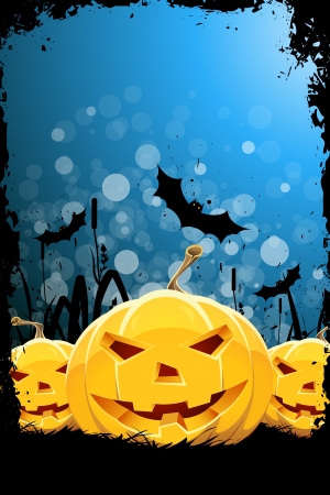 Grungy Halloween Background with Pumpkin, Bats and Grassのイラスト素材