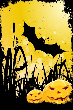 Grungy Halloween Background with Pumpkins, Bats and Grassのイラスト素材