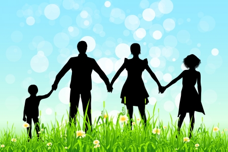 Green Grass and Blue Sky with Black Family Silhouettes.のイラスト素材