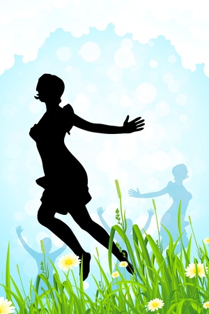 Nature Background with Girl Silhouettes, Grass and Cloudsのイラスト素材
