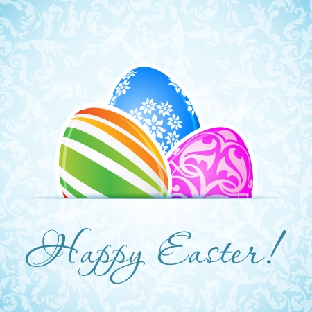 Easter Background with Decorated Eggs on Blue Ornamental Backgroundのイラスト素材