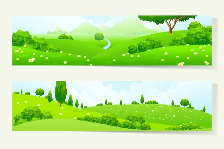 Two Green Horizontal Banners with Nature Landscapeのイラスト素材