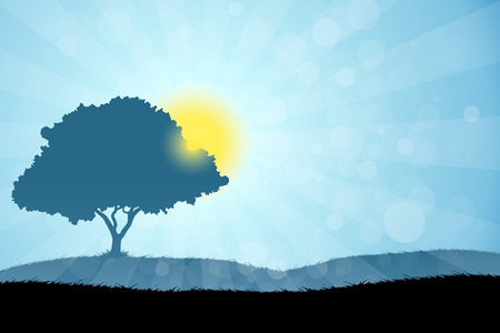 Amazing Landscape with Grass, Sun and Treeのイラスト素材