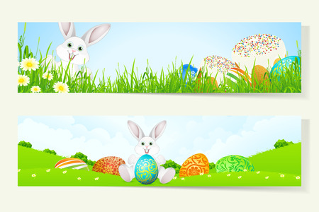 Set of Two Easter Banners with Decorated Eggs and Rabbitのイラスト素材