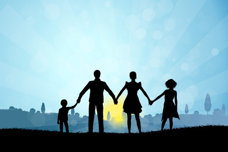 Nature Background with Family Silhouette and Treeのイラスト素材