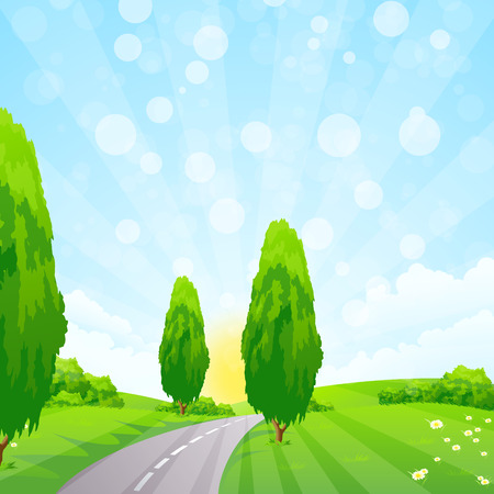 Green Landscape with  Flowers Trees and Cloudsのイラスト素材