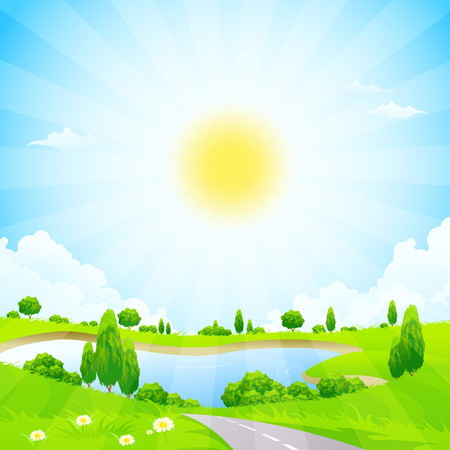 Green landscape with lake trees and cloudsのイラスト素材