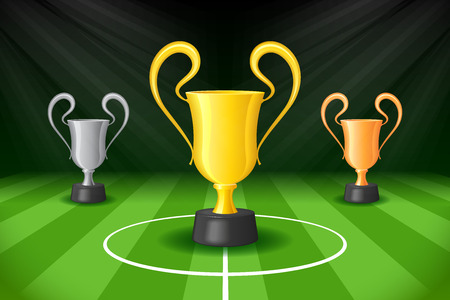 Soccer Background with Three Award Trophy on Gridironのイラスト素材