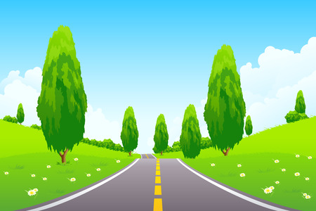 Green Landscape with  Flowers Trees Clouds and roadのイラスト素材