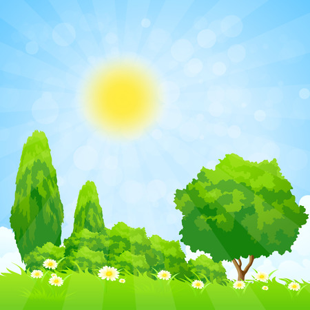 Green Landscape with  Flowers Trees and Cloudsのイラスト素材