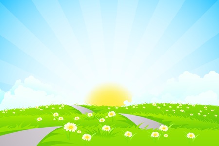 Green landscape with road, sun and cloudsのイラスト素材