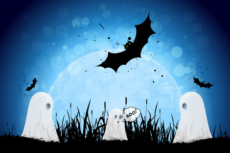 Halloween Poster with Ghosts, Bats and Moonのイラスト素材