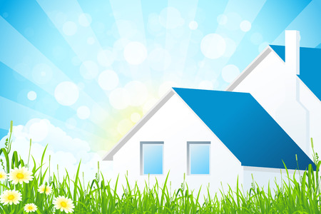 Green Grass with House and Cloudsのイラスト素材