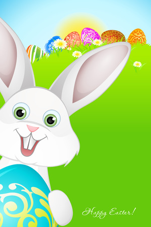 Easter Background with Flowers, Grass, Eggs and Rabbitのイラスト素材