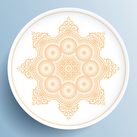 White plate with gold floral ornament on light blue backgroundのイラスト素材