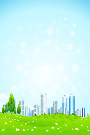 Green landscape with Trees, City and Cloudsのイラスト素材