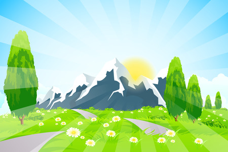 Green Landscape with Road Clouds and mountainsのイラスト素材