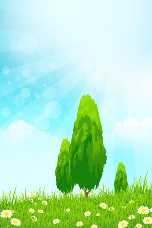 Fresh green grass with yellow bokeh and Trees and flowers. Beauty natural backgroundのイラスト素材