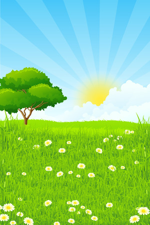 Green Landscape with clouds and sun and one Green Treeのイラスト素材