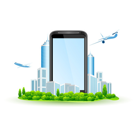 Touch Screen Smart Phone with City and Airbuses around. Isolated on white background vector illustration.のイラスト素材