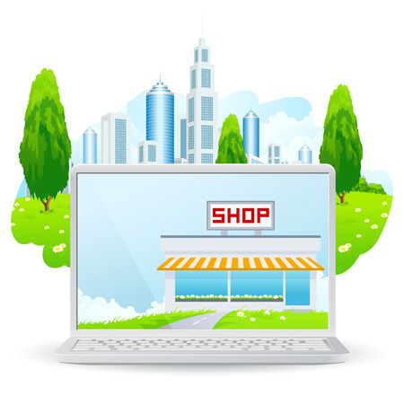 Laptop with Shop Buildingのイラスト素材