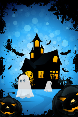 Halloween Background with Haunted House, Pumpkins, Bats and Ghostsのイラスト素材