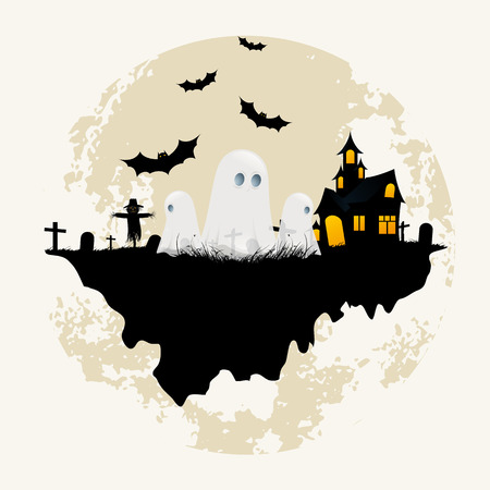 Grungy Halloween Background with Ghosts and Haunted Houseのイラスト素材