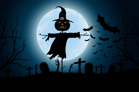 Halloween Zombie Party Poster. Holiday Card with Scarecrow and Zombie Hands.のイラスト素材