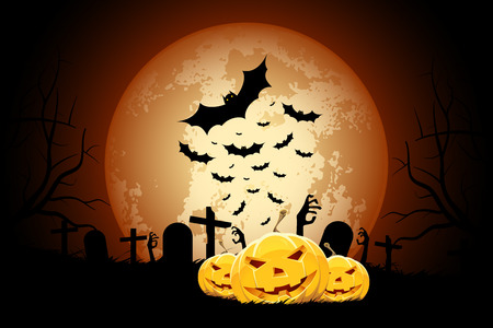 Halloween Zombie Party Poster. Holiday Card with Pumpkins and Zombie Hands.のイラスト素材