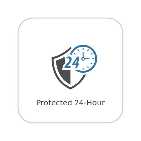 Protected 24-hour Icon. Flat Design. Security Concept with a Shield and a clock. Isolated Illustration. App Symbol or UI element.のイラスト素材