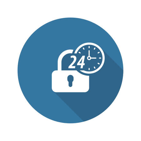 Secured 24-hour Icon. Flat Design. Security Concept with a padlock and a clock. Isolated Illustration. App Symbol or UI element.のイラスト素材