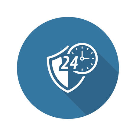 Protected 24-hour Icon. Flat Design. Security Concept with a Shield and a clock. Isolated Illustration. App Symbol or UI element.のイラスト素材