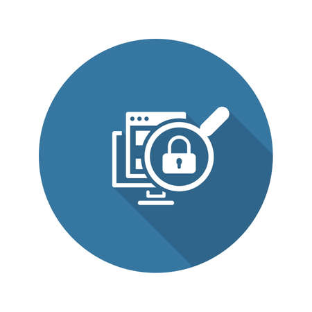 Internet Security Icon. Flat Design. Security concept with a PC, web page, magnifying glass and a padlock. Isolated Illustration. App Symbol or UI element.のイラスト素材
