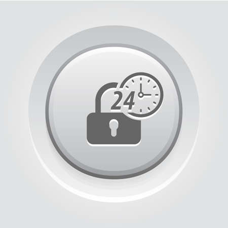 Secured 24-hour Icon. Flat Design. Security Concept with a padlock and a clock. App Symbol or UI element. Grey Button Designのイラスト素材