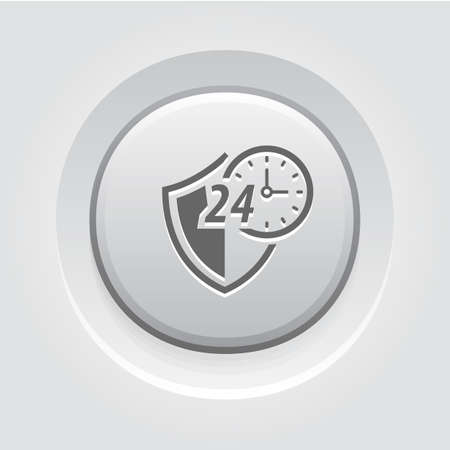 Protected 24-hour Icon. Flat Design. Security Concept with a Shield and a clock. App Symbol or UI element. Grey Button Designのイラスト素材