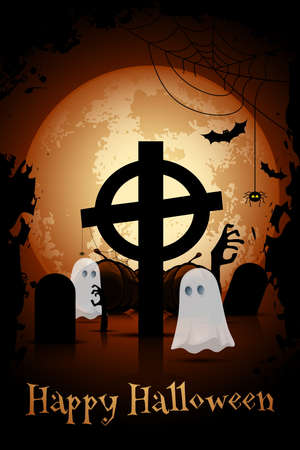 Halloween Zombie Party Poster. Holiday Card Template. Grave cross, zombie hands, bats, ghosts and spider.のイラスト素材