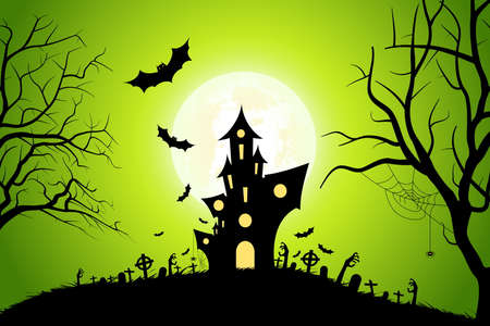 Halloween Party Background with Haunted House, Bats, Moon and Spiderのイラスト素材