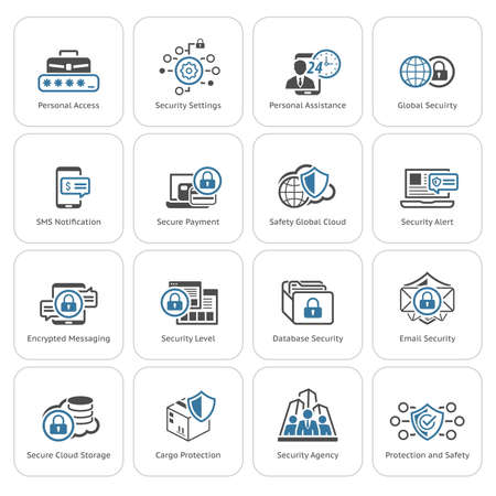 Flat Design Security and Protection Icons Set. Isolated Illustration. App Symbol or UI element. Personal Access and Assistence Symbol, Global Safety and Security Symbol, Payment Security Symbol.のイラスト素材
