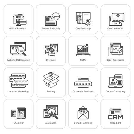 Flat Design Shopping and Marketing Icons Set. Online payment and shopping symbol, discount and one time offer symbol, traffic icon and internet marketing, crm icon and e-mail marketing symbol.のイラスト素材