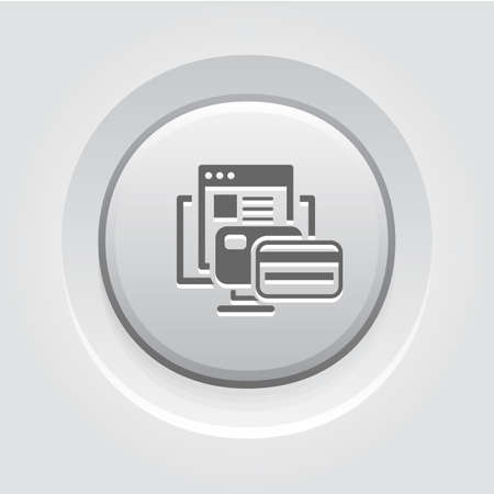 Online Payment Icon. Grey Button Design. Isolated Illustration. App Symbol or UI element. Desktop PC with Bank Cards and Web Page.のイラスト素材