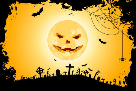 Happy Halloween Party Poster. Holiday Card with Moon, Cemetery and Zombie Hands.のイラスト素材