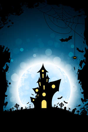 Grungy Halloween Party Background with Haunted House, Bats, Moon and Spiderのイラスト素材