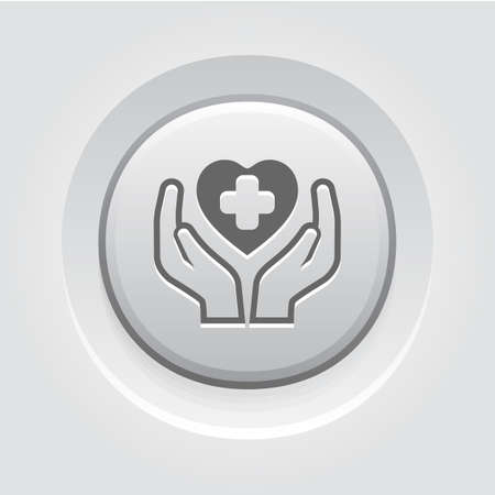 Health Care Center Icon. Grey Button Design. Isolated Illustration. Two hands holding a heart with a cross on it.のイラスト素材