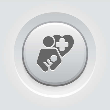 Life Care Icon. Grey Button Design. Isolated Illustration. Mother holding a newborn baby and a Heart with cross in behind.のイラスト素材