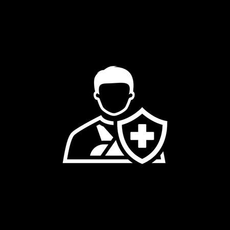 Flat Design, Isolated Illustration of A man with a bandage on his hand and a shield with a cross in front.のイラスト素材
