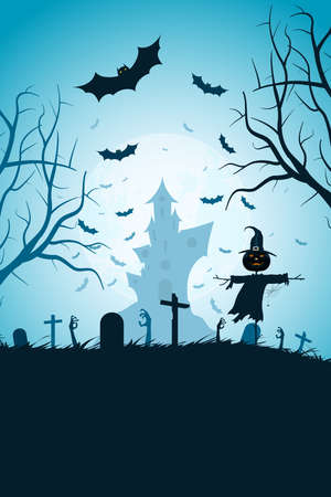 Halloween Party Poster. Holiday Card with Cemetery and Scarecrow and a Haunted House in the Background. Halloween Invitation or Halloween Party Poster Backdropのイラスト素材